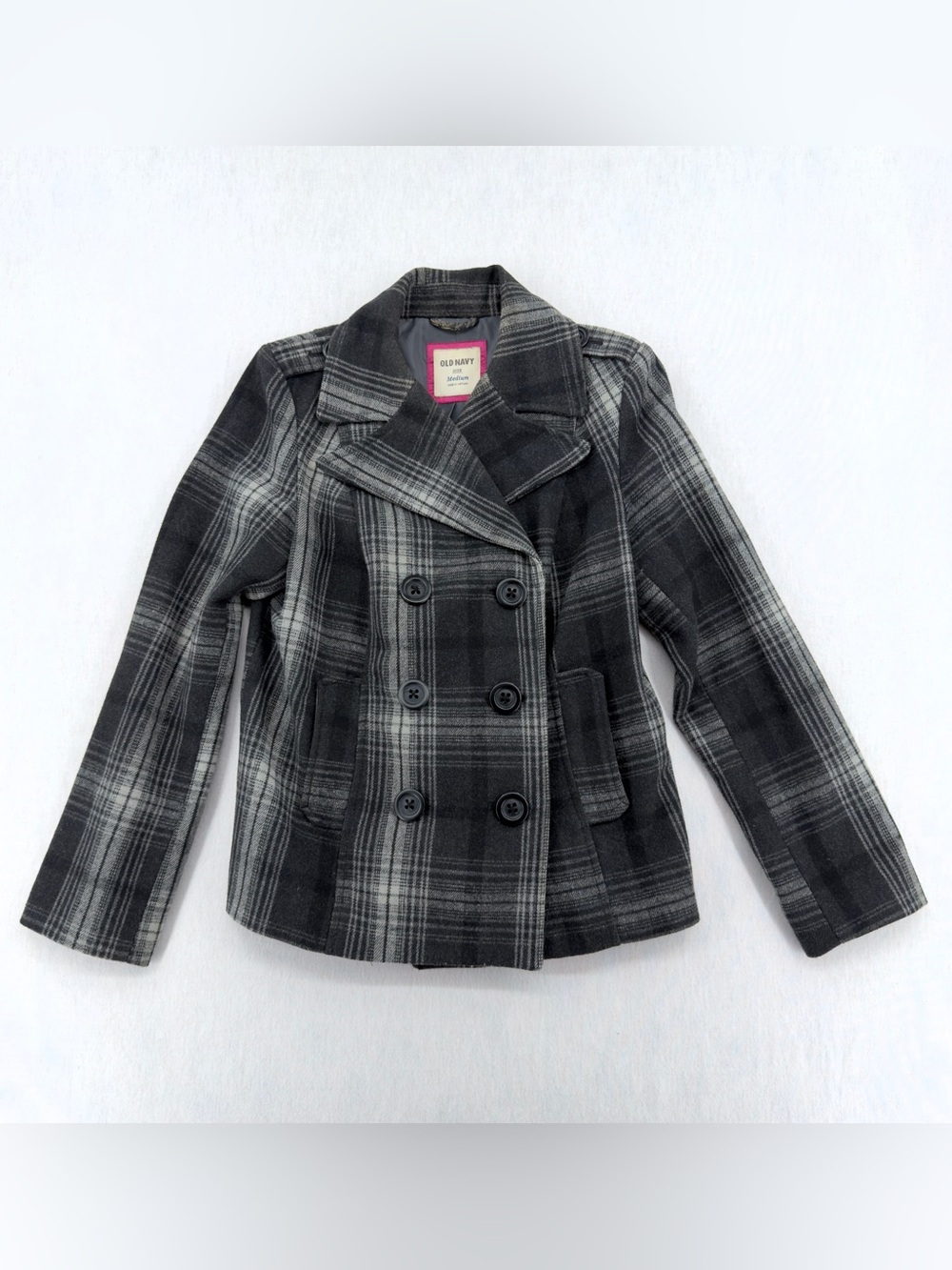 Old Navy Black & Gray Plaid Wool Blend Double-Breasted Pea Coat